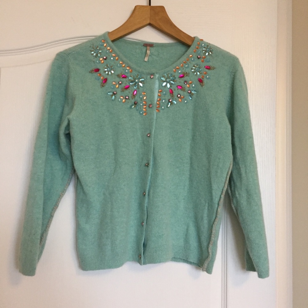 Free People Aqua Embellished Angora Cardigan